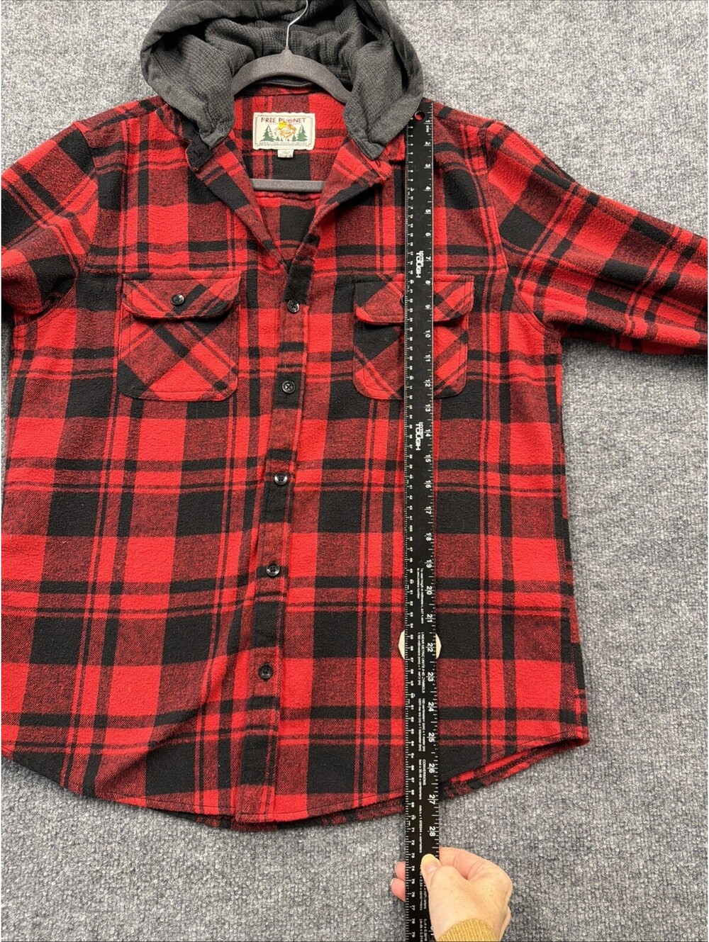 Free Planet Boys Red Plaid Hooded Button Up Long Sleeve Shirt With Grey Hood L - Picture 9 of 10